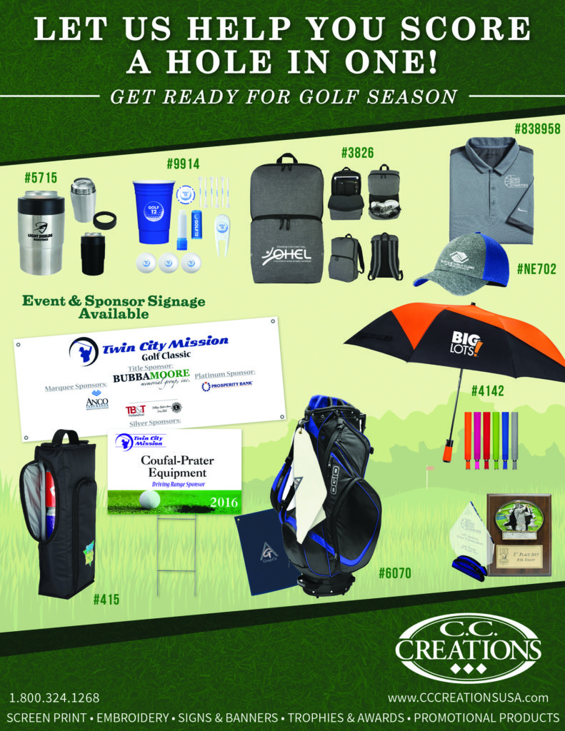 C.C. Creations golf flyer with various products offered.